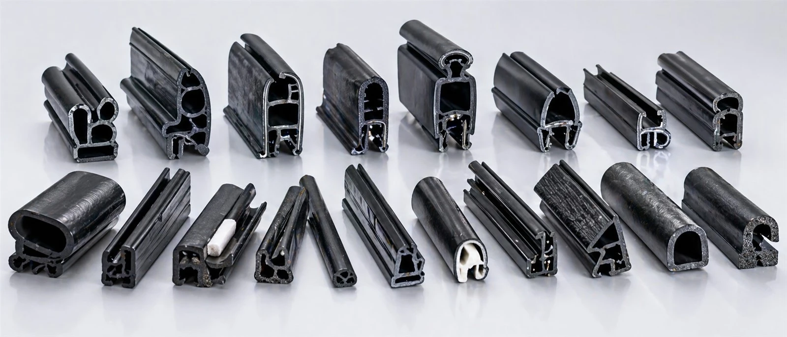 Custom automotive plastic extrusion profiles showing various cross-sections used in vehicle sealing and trim systems